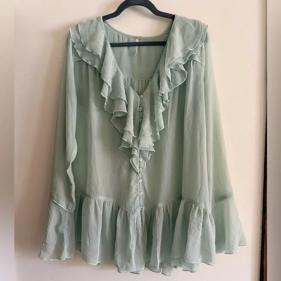 Free People Callie Sheer Flowy Light Green Ruffled Tunic Blouse Boho Drapey Chic - Picture 2 of 10